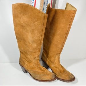 Frye Calf Height Camel Leather Suede Boots Stacked Heel